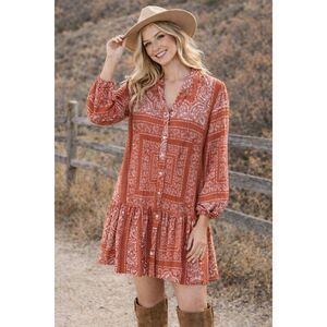 Dizzy Lizzy Boho Paisley Peplum Blouse Rust Print Button Top Women L